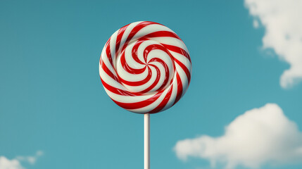 Red and white swirled lollipop against bright blue sky background.