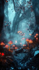 Digital Photography Backdrop. A mystical enchanted forest with glowing mushrooms. and fog. 