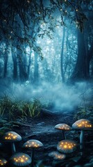 Digital Photography Backdrop. A mystical enchanted forest with glowing mushrooms. and fog. 