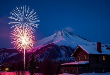 Festive Fireworks over Snowy Mountain Cabin Winter Night
