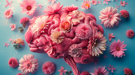 Artistic pink brain adorned with gerbera chrysanthemum flowers image. Floral vivid arrangement photography scene wallpaper. Cognitive inspiration. Mental health concept photorealistic