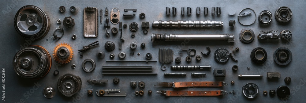 Poster car engine components such as pistons, gears, belts, and valves are arranged neatly for examination,