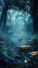Digital Photography Backdrop. A mystical enchanted forest with glowing mushrooms. and fog. 