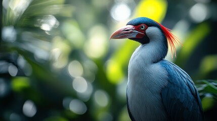 Fototapeta premium Vibrant Tropical Bird with Colorful Beak and Striking Crest Posing Amidst Lush Greenery and Soft Bokeh Background in an Exotic Environment