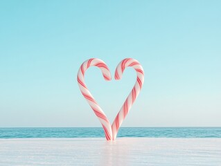Serene Ocean Sunset with Candy Cane Heart - Perfect for National Candy Cane Day, Christmas, and Valentines Celebrations