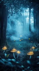 Digital Photography Backdrop. A mystical enchanted forest with glowing mushrooms. and fog. 