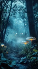 Digital Photography Backdrop. A mystical enchanted forest with glowing mushrooms. and fog. 