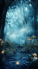Digital Photography Backdrop. A mystical enchanted forest with glowing mushrooms. and fog. 