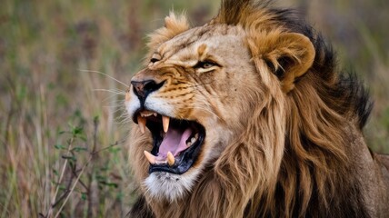 Naklejka premium portrait of a lion animal theme in nature and sunset meaning leadership and power