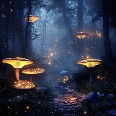 Digital Photography Backdrop. A mystical enchanted forest with glowing mushrooms. and fog. 
