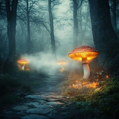 Digital Photography Backdrop. A mystical enchanted forest with glowing mushrooms. and fog. 