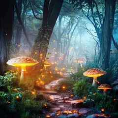Digital Photography Backdrop. A mystical enchanted forest with glowing mushrooms. and fog. 