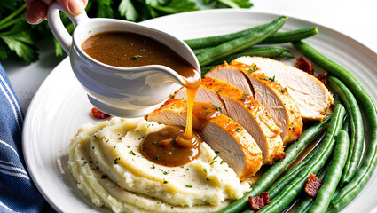 Chef pouring gravy over roasted turkey breast, mashed potatoes and green beans