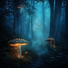 Digital Photography Backdrop. A mystical enchanted forest with glowing mushrooms. and fog. 