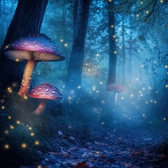 Digital Photography Backdrop. A mystical enchanted forest with glowing mushrooms. and fog. 