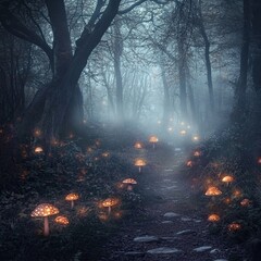 Digital Photography Backdrop. A mystical enchanted forest with glowing mushrooms. and fog. 