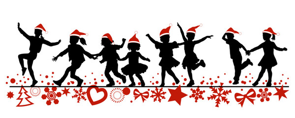 Children dancing silhouettes with christmas items on white background. Vector illustration.