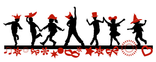 Children dancing silhouettes with christmas and carnival items on white background. Vector illustration.