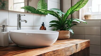 Fototapeta premium Minimalist Bathroom Interior with Plant and Sink