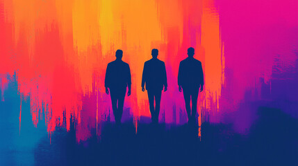 Fototapeta premium Three silhouettes against vibrant abstract background.