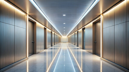 Obraz premium Modern corridor with sleek lighting and doors, showcasing a minimalist design aesthetic.