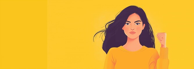 Confident woman with a raised fist on a vibrant yellow background expressing empowerment and strength