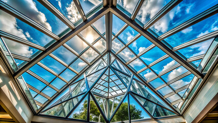 Fototapeta premium A geometric glass ceiling showcasing a vibrant sky with clouds and sunlight filtering through, creating a bright and airy atmosphere.