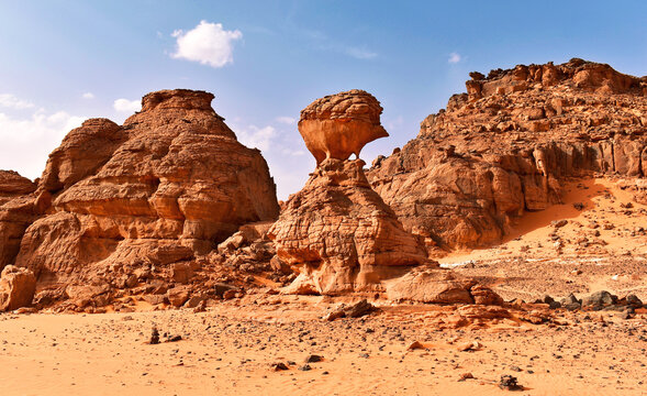 Hedgehog rock formation in Tadrart Rouge, Tassili N'Ajjer National Park. Sahara desert, orange sand and rocks. Sahara, Algeria, Africa.