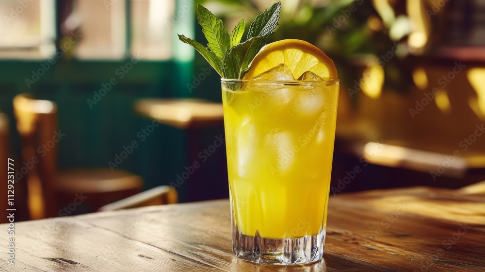 Poster refreshing ice-cold lemonade with mint garnish in vibrant setting