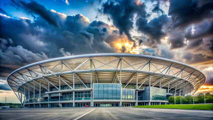 Obraz premium Modern sports stadium under a dramatic sky, showcasing architectural design and vibrant atmosphere. Ideal for events and sports-related imagery.