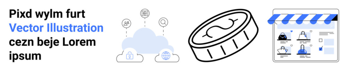 Cloud with connected devices, a cryptocurrency coin, and a shopping website interface. Ideal for fintech, e-commerce, cloud services, technology, startup ventures, online shopping digital marketing