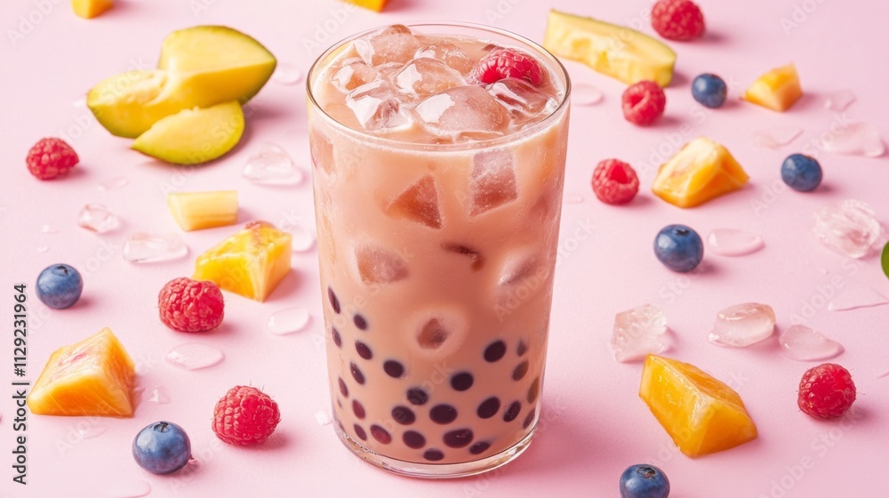 Poster refreshing smooth bubble tea with colorful fruits and ice cubes