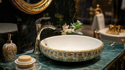 Naklejka premium Elegant Sophisticated Bathroom Showcase with White Sink