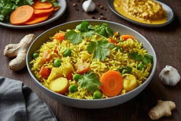 Delicious vegetable biryani in a gray bowl, garnished with cilantro, served with carrots, ginger, garlic, and curry sauce.