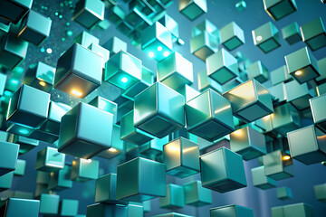 Abstract floating cubes in a blue and green digital space creating a futuristic atmosphere.
