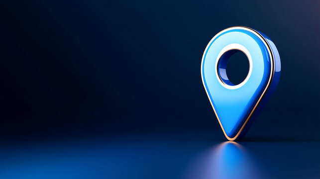 3D blue location pin on dark background symbolizing navigation.