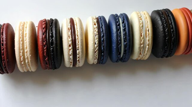 Colorful macarons arranged neatly in a row showcasing a variety of flavors and textures at a dessert table