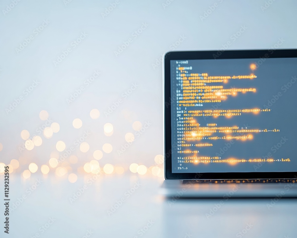 Poster Focused Software Development on Laptop with Festive Bokeh Background