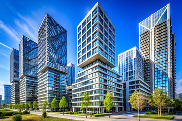 Modern skyscrapers with unique architecture against a clear blue sky, showcasing innovative design and urban development in a vibrant city setting.