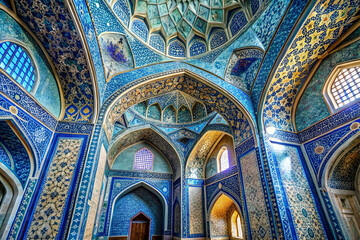 Obraz premium This image showcases a stunning interior of a mosque, featuring intricate blue tile work, ornate arches, and a beautifully detailed dome.