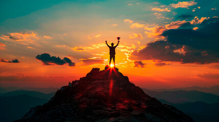 Triumph on mountain top with trophy at sunset image. Silhouette triumphant pose photography scene. Outdoor success. Achievement moment. Motivational concept photorealistic photo