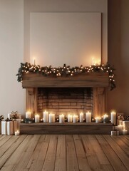 A cozy Christmas fireplace with soft glowing lights and a blank wall, perfect for holiday mockups and festive designs