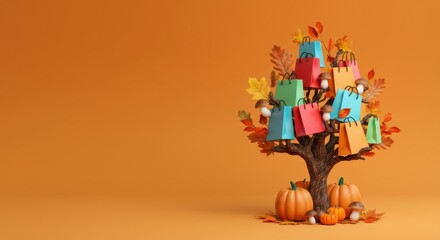Fototapeta premium Vibrant Autumn Shopping Concept with Colorful Bags and Pumpkins