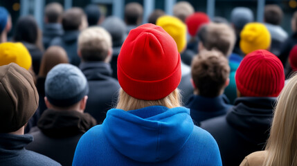 Back view of diverse crowd with red beanie focus.