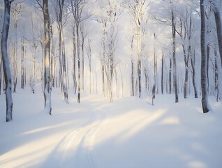 A snowy forest scene with sleigh tracks and soft sunlight, offering a magical winter background for festive content
