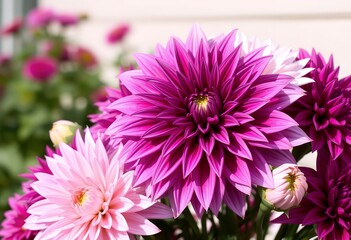 Obraz premium Vibrant Pink and Purple Dahlia Flowers Blooming in Garden