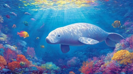 Graceful manatee swimming through vibrant coral reef underwater