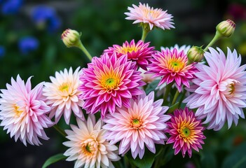 Fototapeta premium Stunning Dahlia Blooms Pink Yellow Peach Flower Bouquet