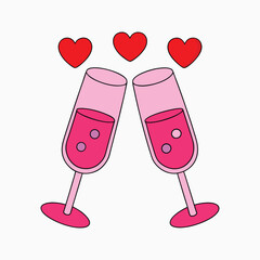 Fototapeta premium Romantic Champagne Glasses Vector Elegant Toasting Glasses with Hearts for Weddings, Anniversaries, and Celebrations