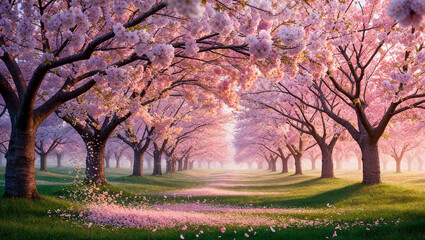 Naklejka premium a breathtaking, dreamy, and ethereal cinematic photograph of a serene forest of cherry blossom trees, their delicate branches stretching towards the sky, adorned with vibrant, lush flowers boasting a 